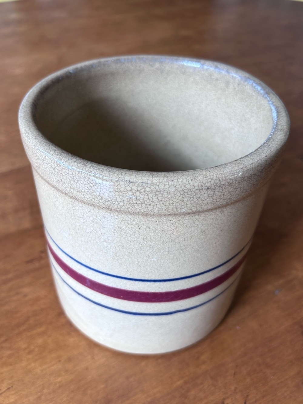 R. R. P. Co. Roseville Stoneware Crock with Red and Blue Stripes